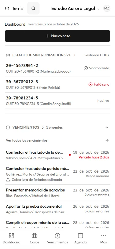 La pantalla «Dashboard» de Temis en el teléfono: el estado de sincronización con la SRT, los vencimientos de la semana y las audiencias, con la navegación inferior.